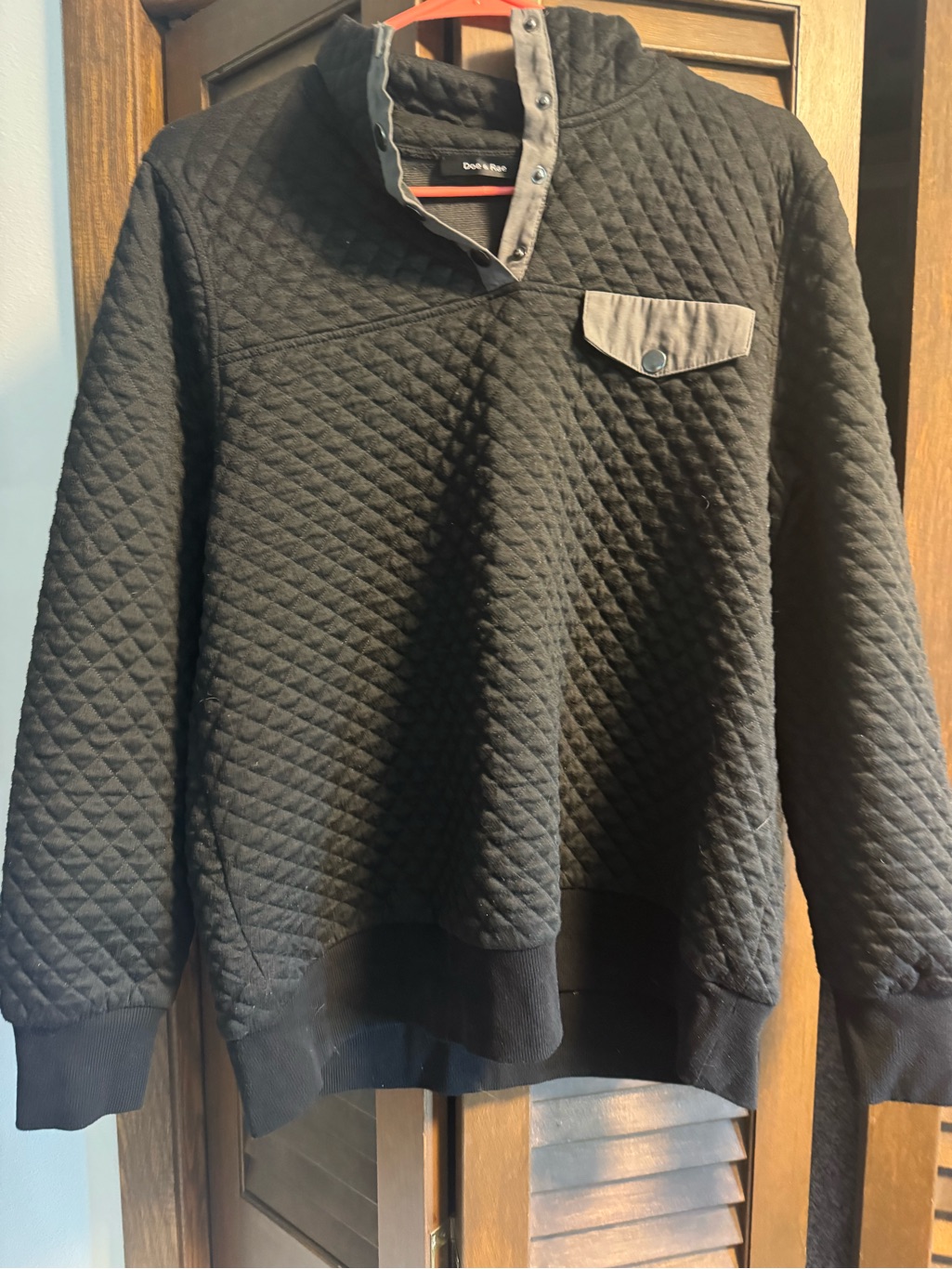 Doe & Rae Black Quilted Pullover With Gray Snap Placket
